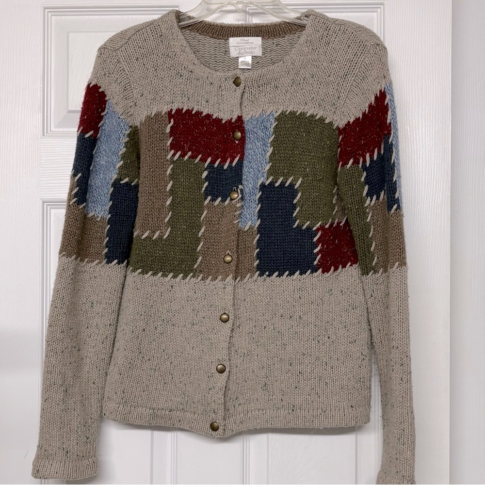 Christopher & Banks Hand Embroidered Patchwork Earth Tones Cardigan Sweater Sz S
